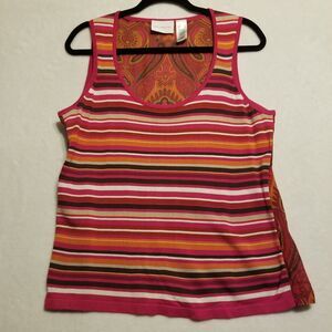 Liz Claiborne XL Top Tank Silk Pink Striped Knit Front Paisley Sheer Back Preppy